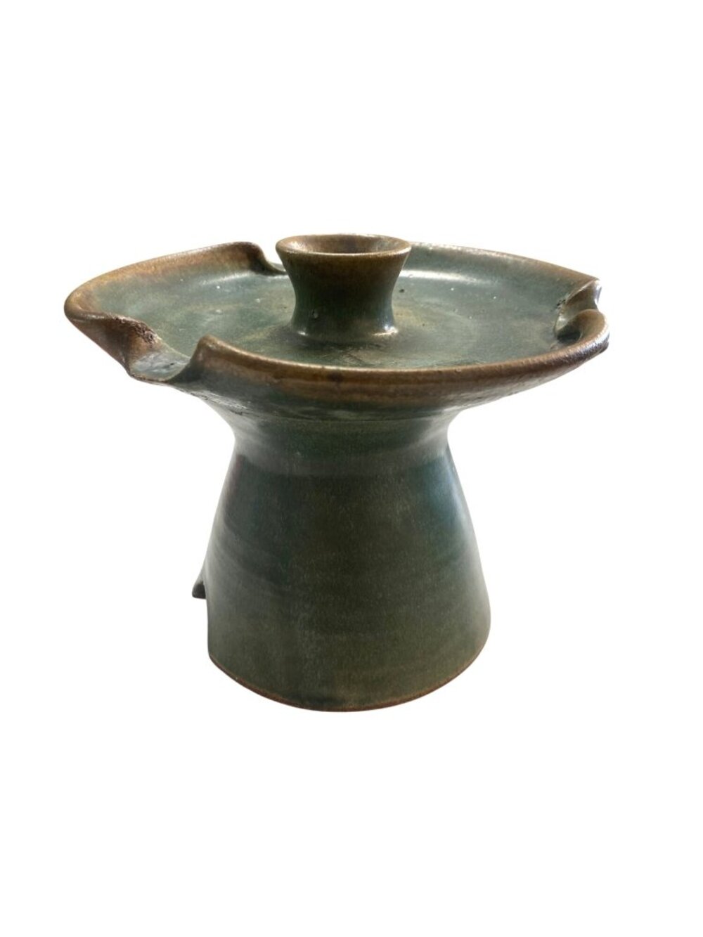 Handcrafted Green Pottery Candle Holder Ashtray Unique Decor